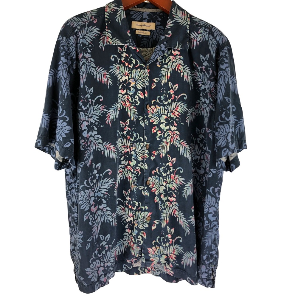 Tommy Bahama Mens XXL Silk Tropical Aloha Camp Shirt Navy Blue Short Sleeve